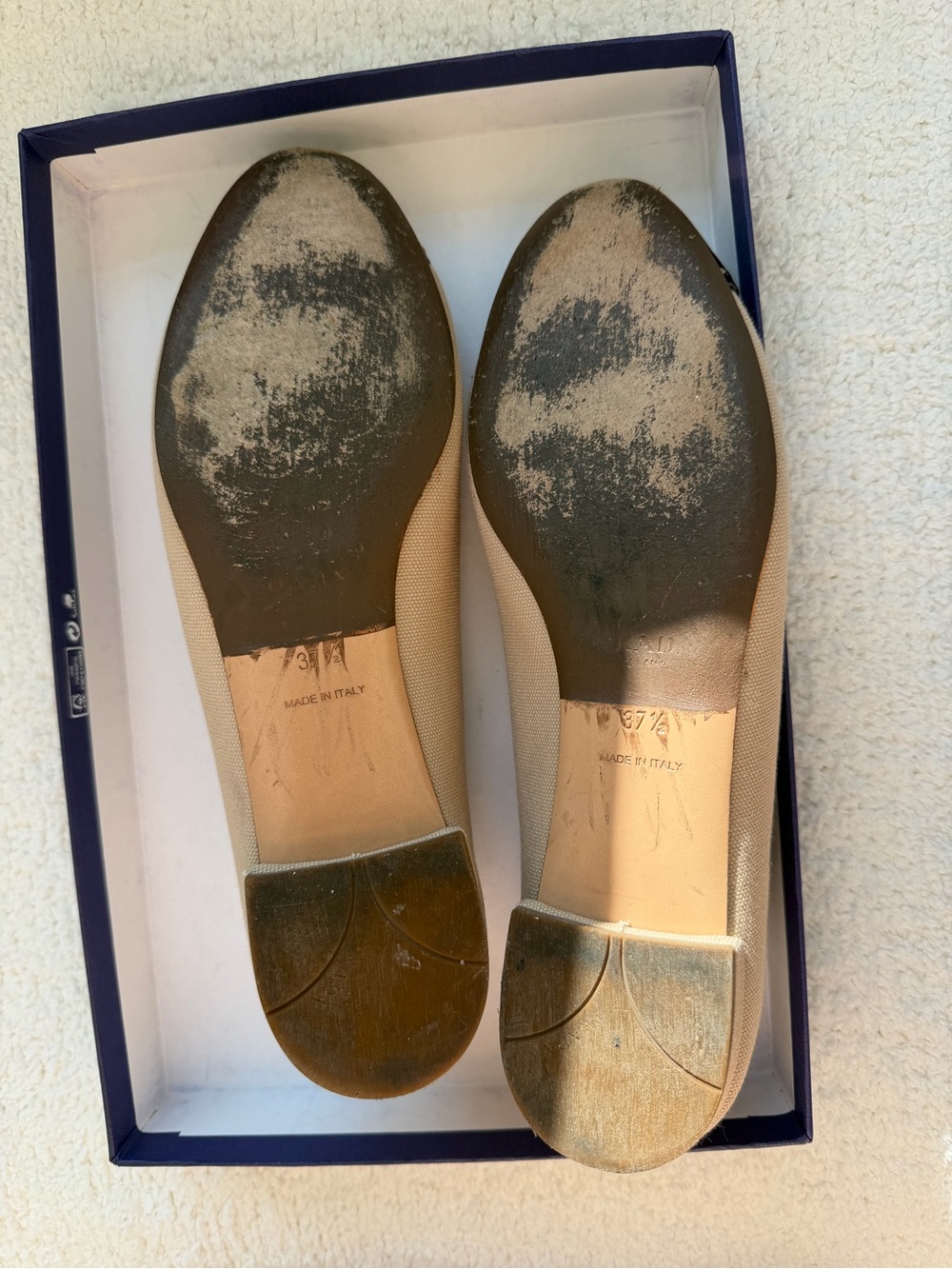 Prada Beige Canvas Ballet Flats with Black Patent Cap Toe - Picture 2 of 5